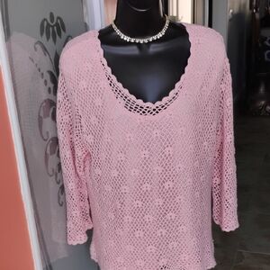 LADIES Pink V Neck Crochet Overlay Sweater Size petite Large Eoc